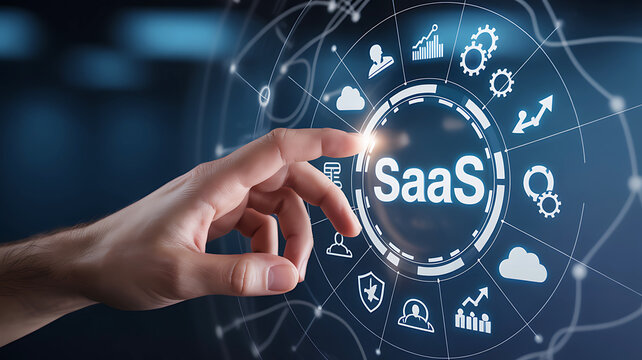 Businessman interacting with digital interface showing saas concept featuring holographic icons and networking elements to visualize software as service solutions for enterprise cloud systems.