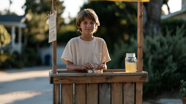 Determined nine-year-old boy standing behind a handmade wooden lemonade stand at the end of a suburban driveway, carefully counting coins into a repurposed tin while a small