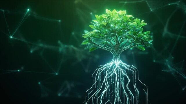 Futuristic Digital Tree with Circuit Board Roots Representing the Integration of Nature and Technology