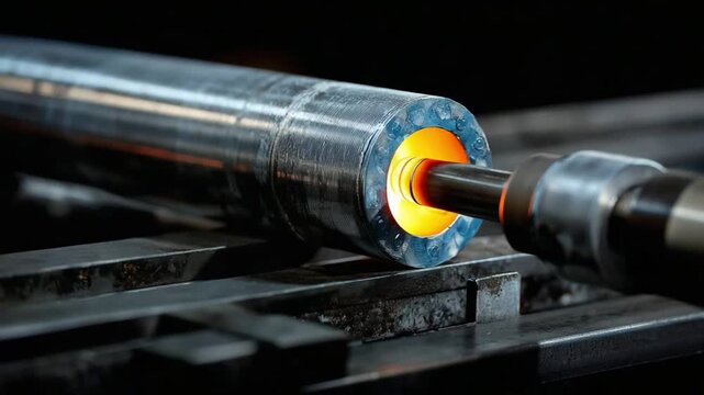 Precision Metal Machining: A close-up shot showcases a metal rod being precisely machined, highlighting the intense heat and detailed work involved in industrial metalworking processes.