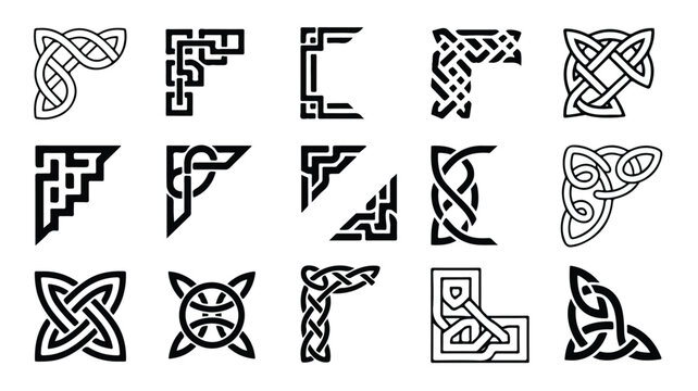 Celtic knotwork designs showcase intricate patterns and shapes on a white background.