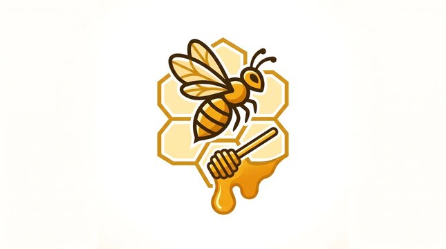 A minimalist vector illustration of a honey bee flying gracefully in front of a golden hexagonal honeycomb grid.