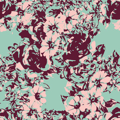 Vintage style floral seamless pattern in burgundy and light pink on mint green with seamless burgundy botanical wallpaper artistic