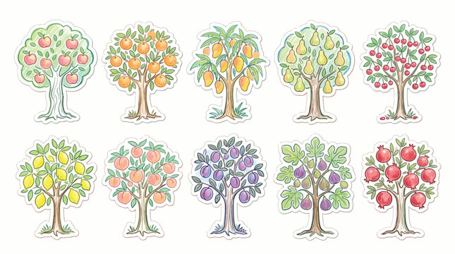 Collection of stylized fruit trees, each bearing a different type of fruit, presented in a clean, illustrative style.
