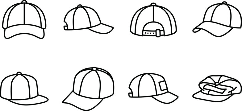 Baseball cap and sports headwear icons for athletic clothing branding