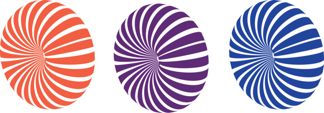 Abstract 3D spiral torus vector set with twisted optical illusion candy stripes in orange purple and blue colors