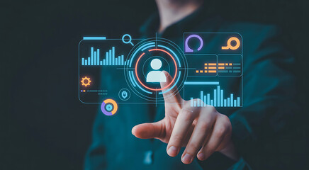 Fototapeta premium Business professional interacting with interactive holographic interface displaying user profile analytics and growth charts with digital data visualization icons for management.