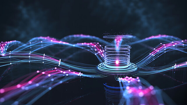Abstract data nodes forming glowing fiber optic communication network on dark background with illuminated violet and blue light strands representing complex information processing.
