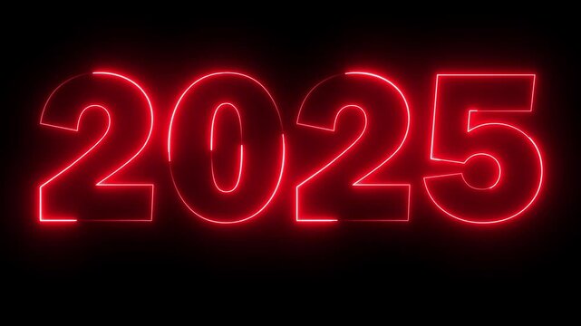 Neon new year 2025 text icon animation glowing red color number season digit celebrate banner event wishes party anniversary on black background	