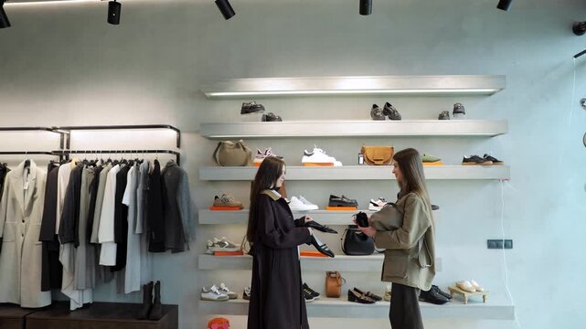Women shopping for shoes and clothing in an upscale department store boutique, sales assistant advising buyer