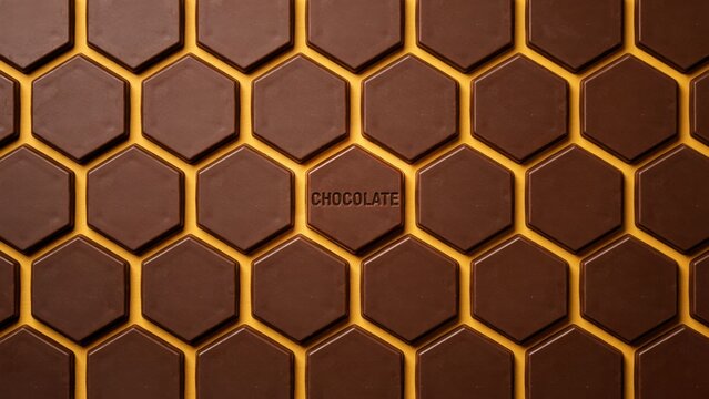 A close-up view of a honeycomb pattern made of chocolate hexagonal cells with golden outlines on a white background