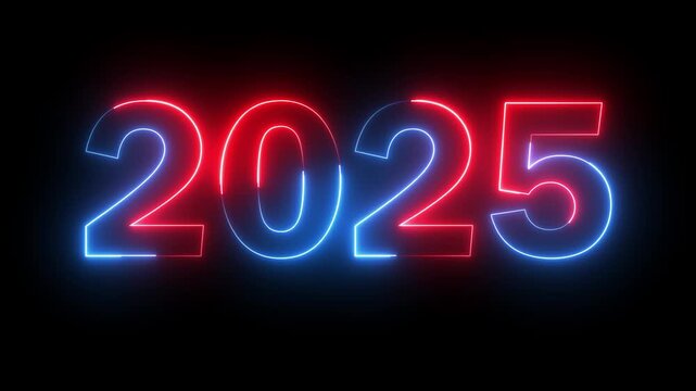 Neon new year 2025 text icon animation glowing red and blue color number season digit celebrate banner event wishes party anniversary on black background	