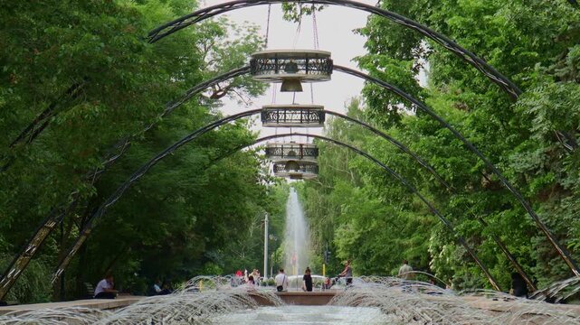Almaty City Kazakhstan 9 May 2026. Baiseitova street. The Nedelka Fountain designed and developed by M.K. Safin in 1972, Fountain "Week"
