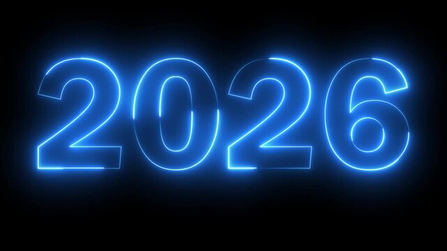 Neon new year 2026 text icon animation glowing blue color number season digit celebrate banner event wishes party anniversary on black background	