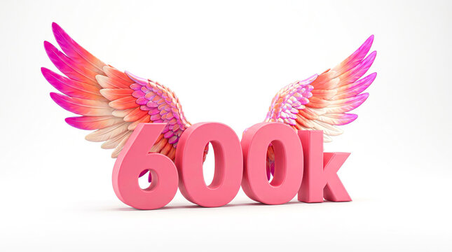 3D Pink 600K Milestone Number with Angel Wings, Social Media Success Celebration Concept
