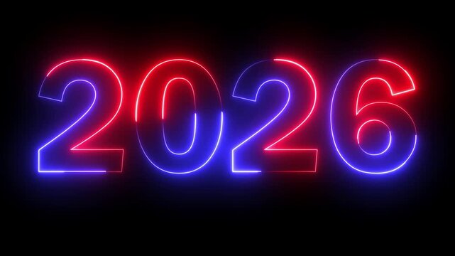 Neon new year 2026 text icon animation glowing red and blue color number season digit celebrate banner event wishes party anniversary on black background	