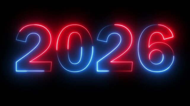 Neon new year 2026 text icon animation glowing red and blue color number season digit celebrate banner event wishes party anniversary on black background	