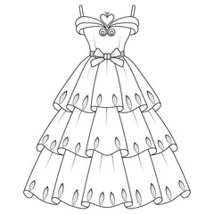 Fototapeta premium Collection of women's clothing technical sketches showing various styles black and white line art illustration for fashion design. Elegant woman, fashion illustration, line art, puffy sleeve dress, 