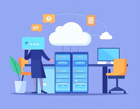 Cloud Computing Infrastructure Illustration with Connected Servers and Digital Communication