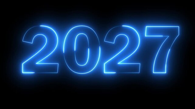 Neon new year 2027 text icon animation glowing blue color number season digit celebrate banner event wishes party anniversary on black background	