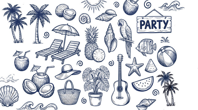 Tropical Beach Party Doodle Collection with Palm Trees, Coconut Drinks, Pineapple, Guitar, Seashells, and Summer Vacation Elements