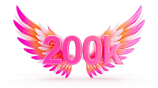 Pink 200K Milestone with Angel Wings &ndash; 3D Celebration Number Isolated on White Background