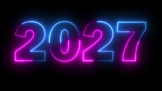 Neon new year 2027 text icon animation glowing pink and blue color number season digit celebrate banner event wishes party anniversary on black background	