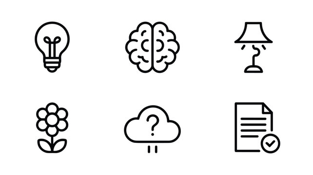 Black and white line collection of brain head thinking light bulb question mark gears and computer chip