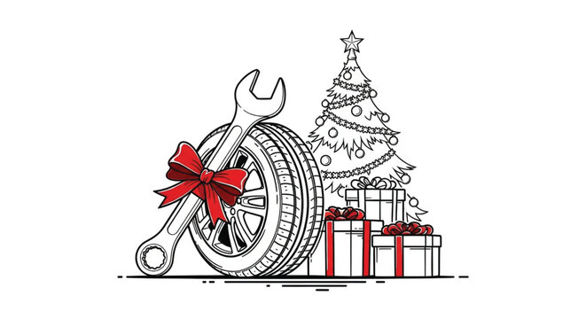 Tire with wrench and red bow.