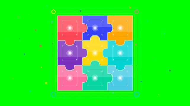A Green Screen Puzzle with Colorful Pieces is Being Solved