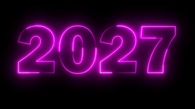 Neon new year 2027 text icon animation glowing pink color number season digit celebrate banner event wishes party anniversary on black background	