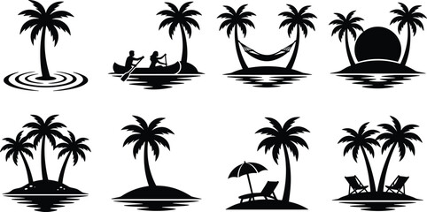 Fototapeta premium Tropical Island and Palm Tree Silhouette Collection with Beach Relaxation, Hammocks, Sunset Views, Canoeing, and Paradise Vacation Scenes