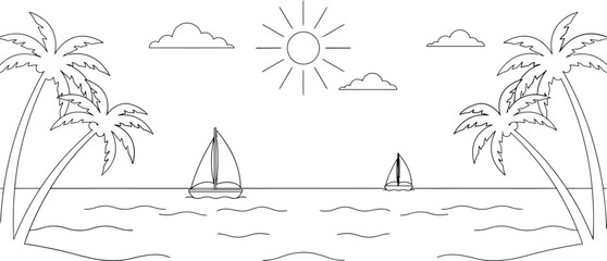 Obraz premium Sailboats on ocean waves under sun and clouds with palm trees on the coast in a simple line drawing style