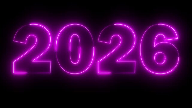 Neon new year 2026 text icon animation glowing pink color number season digit celebrate banner event wishes party anniversary on black background	