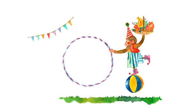 玉乗りをする可愛いサルのサーカスと文字入れ用フレームの横長手描き水彩イラスト
Cute horizontal watercolor illustration of a circus monkey balancing on a ball with a text frame