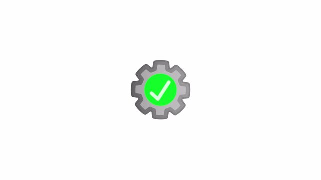Gear icon with a vibrant green checkmark symbol centered inside representing successful process optimization.Circular check mark confirms optimal functionality or successful with Alpha Channel in 4k