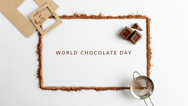 Chocolates are arranged on a table for World Chocolate Day celebration with a sifter