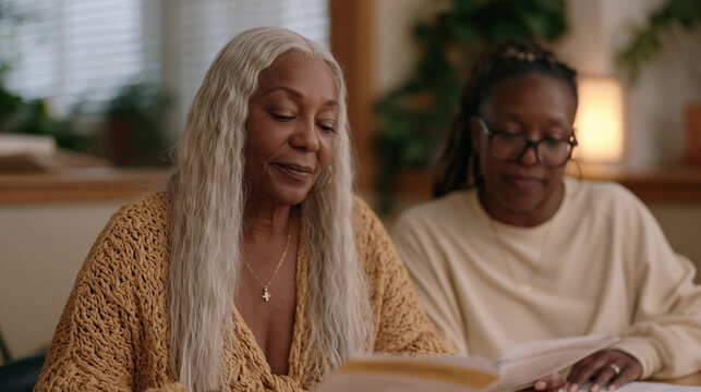 Reentry housing nonprofit staff member escorting a formerly incarcerated woman through a community college enrollment office, the woman examining a course catalog at a desk while
