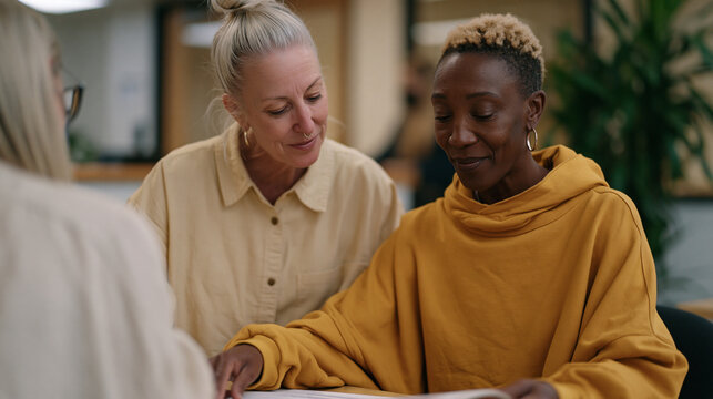 Reentry housing nonprofit staff member escorting a formerly incarcerated woman through a community college enrollment office, the woman examining a course catalog at a desk while