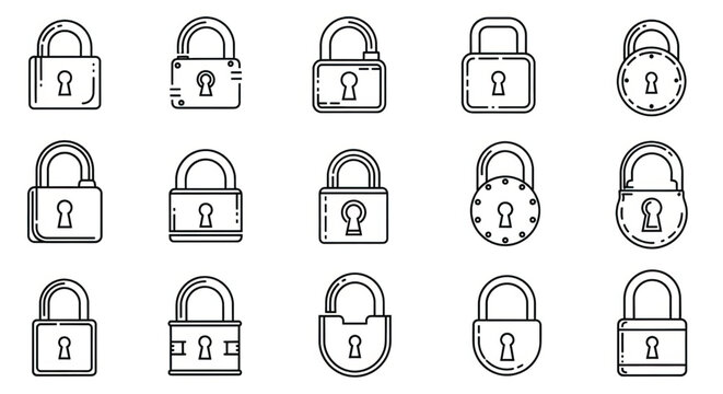 Various types of metal padlocks.