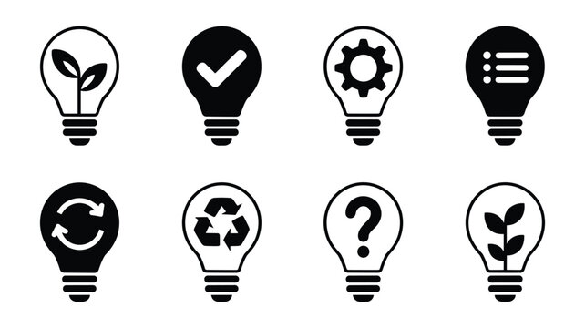 Black and white of lightbulbs with question marks and symbols