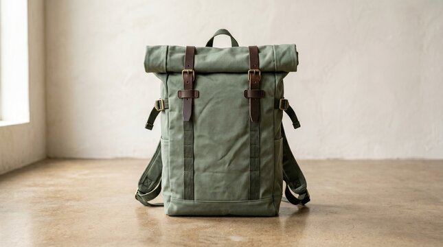 Stylish green canvas roll-top backpack with leather straps for everyday adventures