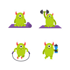 Obraz premium Cute Green One-Eyed Monster Gym and Fitness Character Set. Flat Vector Illustration of Cartoon Monster Doing Yoga, Lifting Weights, Jumping Rope, and Holding a Water Bottle.