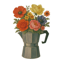 Obraz premium PNG Colorful flowers in coffee pot