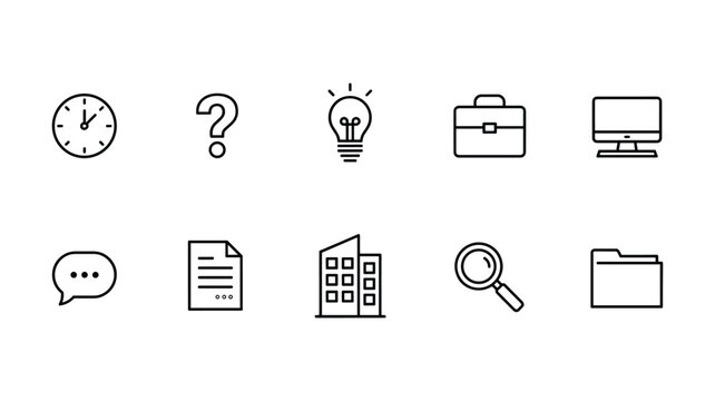 Black and white set for business and technology concepts including question mark lightbulb envelope laptop house and others