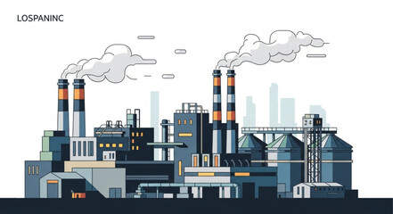 Obraz premium Industrial factory with smoking chimneys and silos illustration.