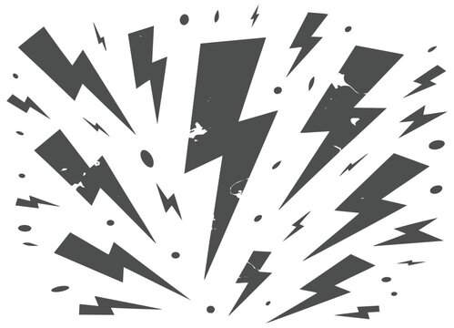 Comic Book Lightning Bolt Vector Elements Set, Vintage Pop Art Flash Strike Clipart Pack, Black and White Thunder Explosion Burst Dynamic Design Isolated on White Background for Retro Graphic
