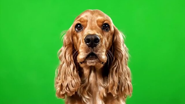 Adorable golden Cocker Spaniel dog with expressive eyes, looking forward against a vibrant green backdrop.