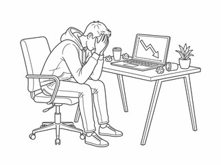 Fototapeta premium Frustrated man sitting at desk with laptop showing downward graph, stress and failure concept