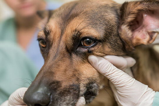Close-up of a professional veterinarian performing a detailed clinical eye examination on a brown mixed-breed dog, inspecting a small growth or tumor on the lower eyelid in a clinic setting.